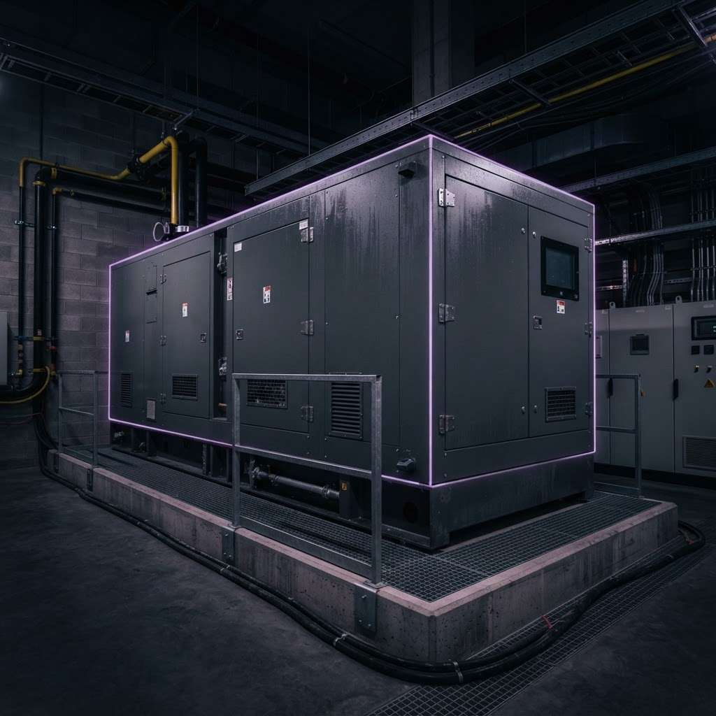 Planta de emergencia industrial con gabinete metálico en una sala de equipos con iluminación tenue