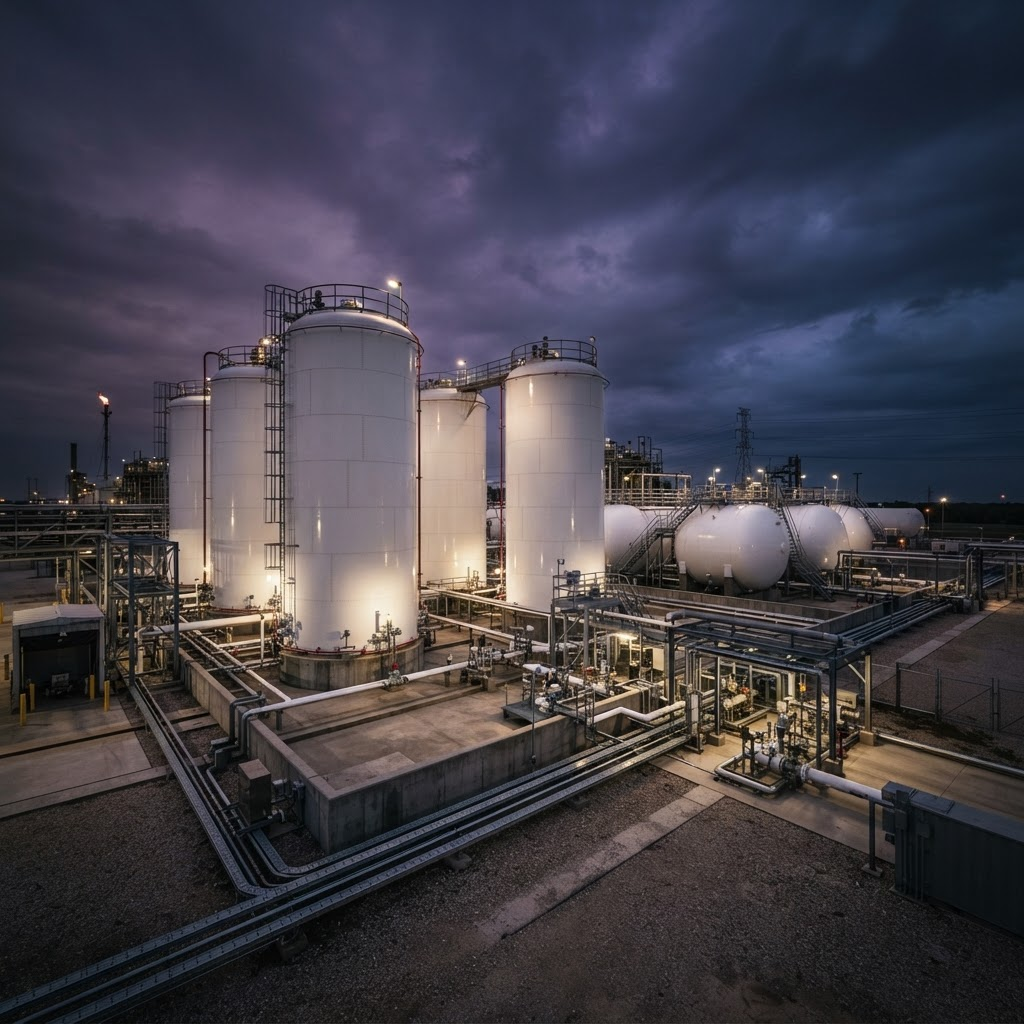 Tanques y tubería de gas en una planta industrial clasificada como área peligrosa