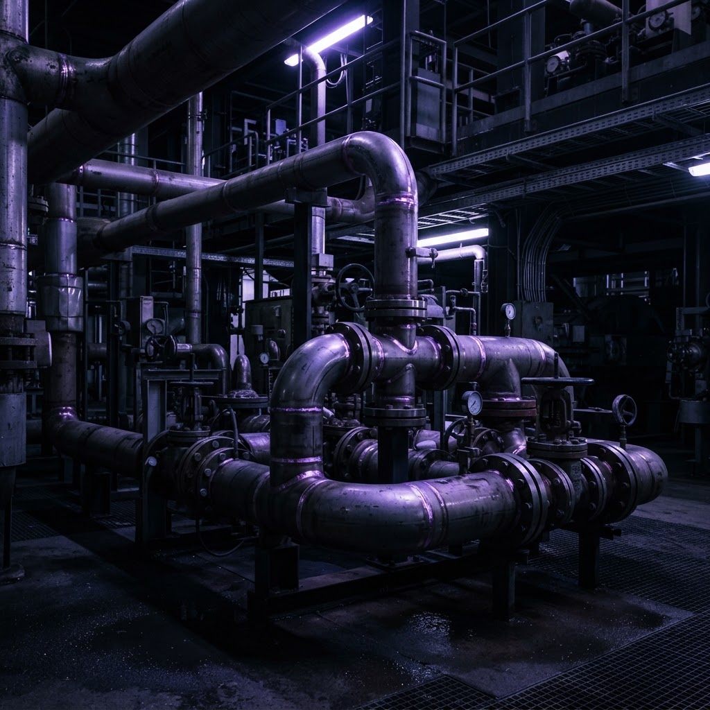 Tubería de acero soldada y múltiple de distribución en una instalación de hidrocarburos con iluminación industrial